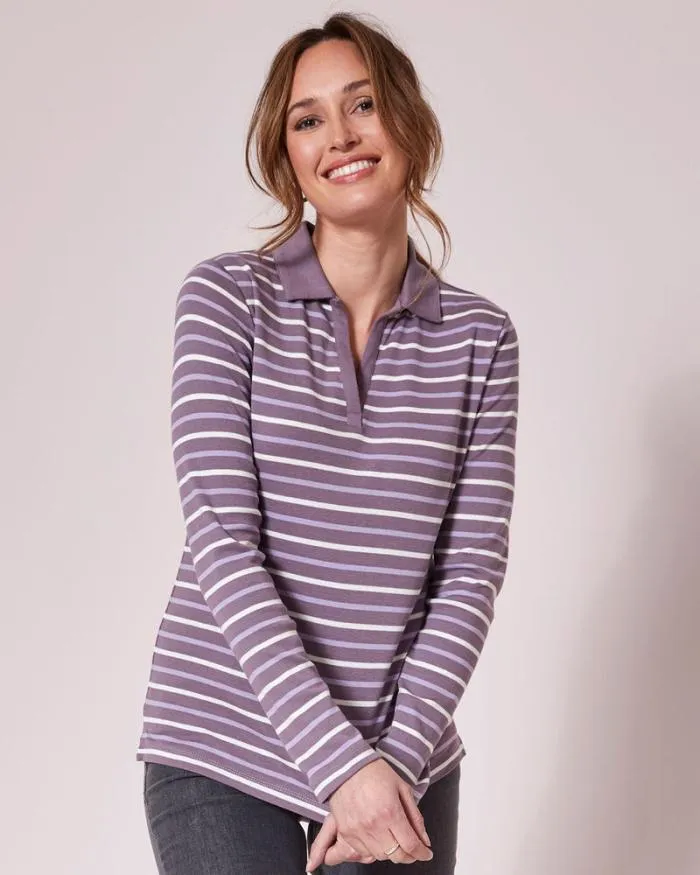 Cotton Traders Tops and TShirts Wrinkle Free Long Sleeve Stripe Polo Top 8211 Women