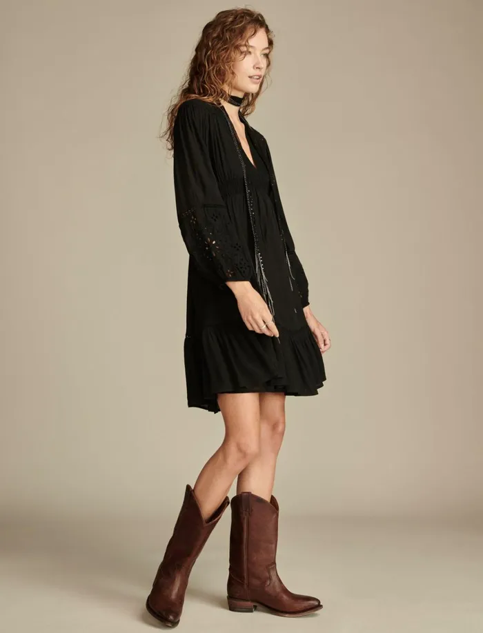 Cutwork Long Sleeve Mini Dress Caviar Women Lucky Brand Dresses