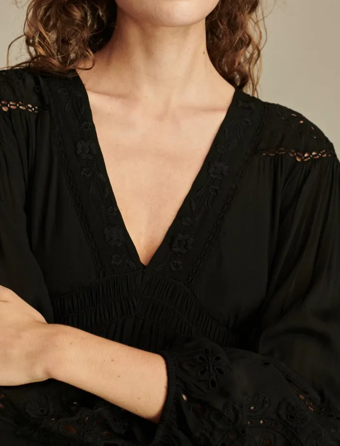 Cutwork Long Sleeve Mini Dress Caviar Women Lucky Brand Dresses
