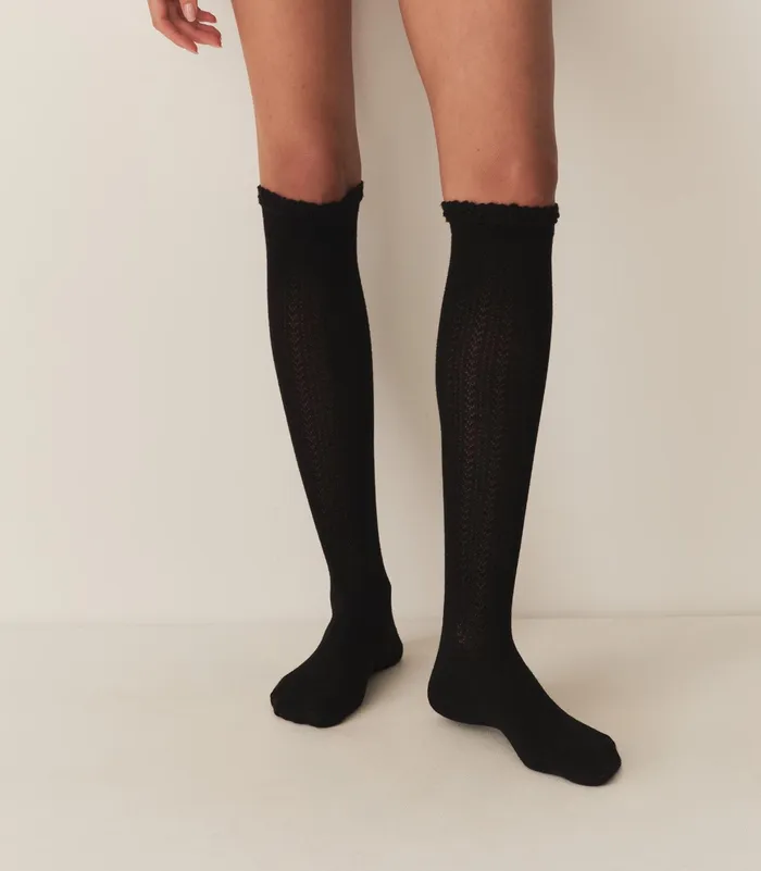 DEN Socks and Tights Women Collgien Pointelle Knee High Sock Noir De Charbon