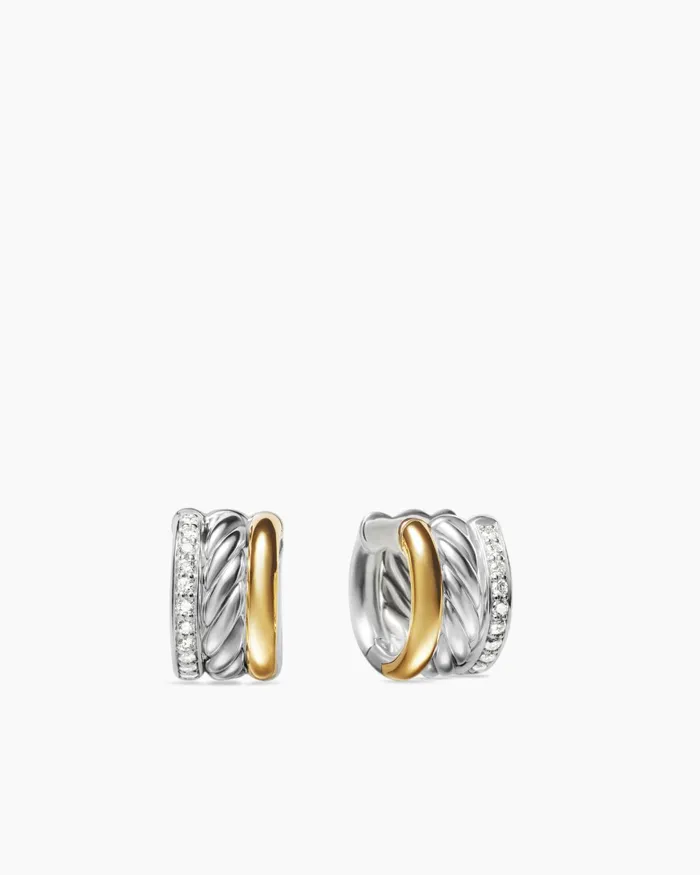 DY Mercer Huggie Hoop Earrings In Sterling Silver With 18K Yellow Gold And Diamonds 14mm Women David Yurman Hoop DY Mercer Huggie Hoop Earrings In Sterling Silver With 18K Yellow Gold And Diamonds 14mm Women David Yurman Hoop