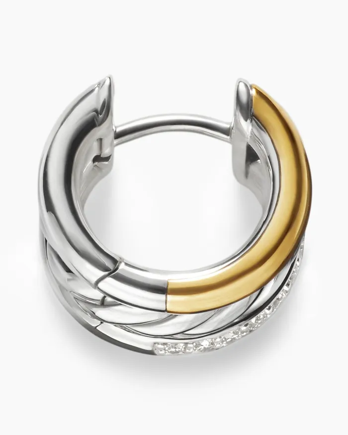 DY Mercer Huggie Hoop Earrings In Sterling Silver With 18K Yellow Gold And Diamonds 14mm Women David Yurman Hoop DY Mercer Huggie Hoop Earrings In Sterling Silver With 18K Yellow Gold And Diamonds 14mm Women David Yurman Hoop