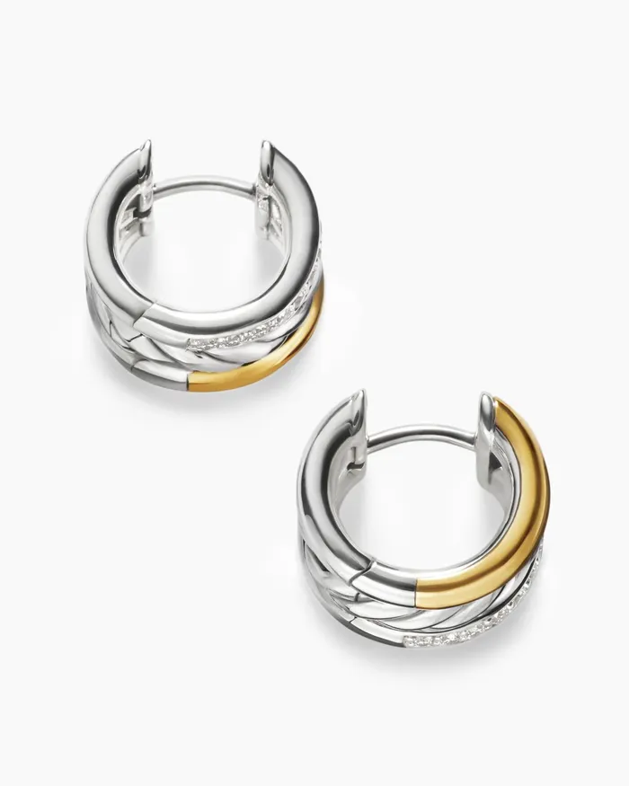 DY Mercer Huggie Hoop Earrings In Sterling Silver With 18K Yellow Gold And Diamonds 14mm Women David Yurman Hoop DY Mercer Huggie Hoop Earrings In Sterling Silver With 18K Yellow Gold And Diamonds 14mm Women David Yurman Hoop