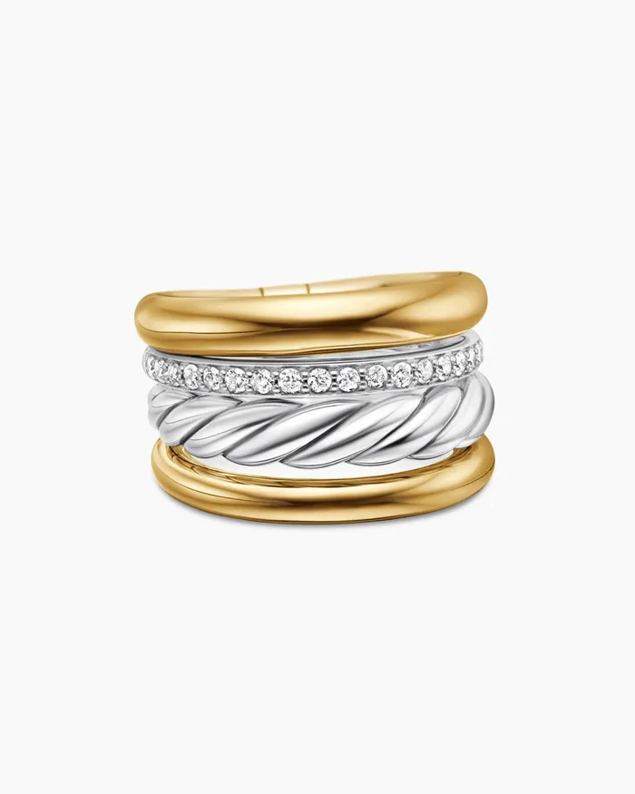 DY Mercer Multi Row Ring In Sterling Silver With 18K Yellow Gold And Diamonds 14mm Women David Yurman Statement DY Mercer Multi Row Ring In Sterling Silver With 18K Yellow Gold And Diamonds 14mm Women David Yurman Statement