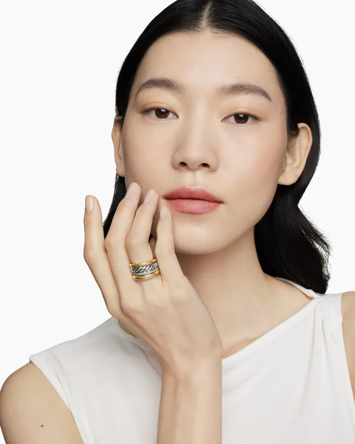 DY Mercer Multi Row Ring In Sterling Silver With 18K Yellow Gold And Diamonds 14mm Women David Yurman Statement DY Mercer Multi Row Ring In Sterling Silver With 18K Yellow Gold And Diamonds 14mm Women David Yurman Statement