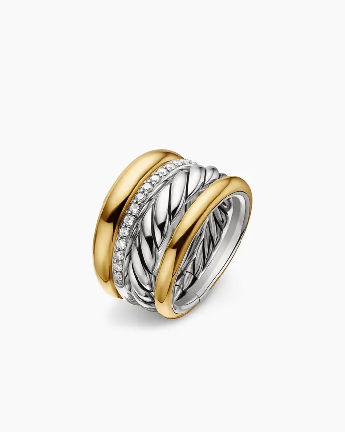 DY Mercer Multi Row Ring In Sterling Silver With 18K Yellow Gold And Diamonds 14mm Women David Yurman Statement DY Mercer Multi Row Ring In Sterling Silver With 18K Yellow Gold And Diamonds 14mm Women David Yurman Statement