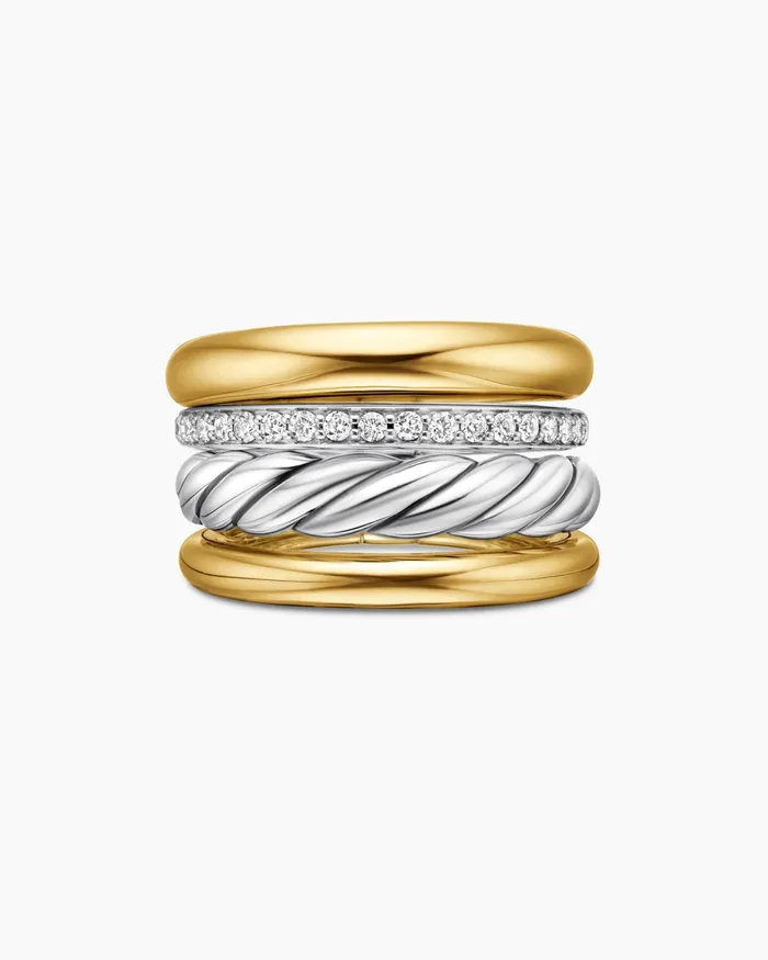 DY Mercer Multi Row Ring In Sterling Silver With 18K Yellow Gold And Diamonds 14mm Women David Yurman Statement DY Mercer Multi Row Ring In Sterling Silver With 18K Yellow Gold And Diamonds 14mm Women David Yurman Statement