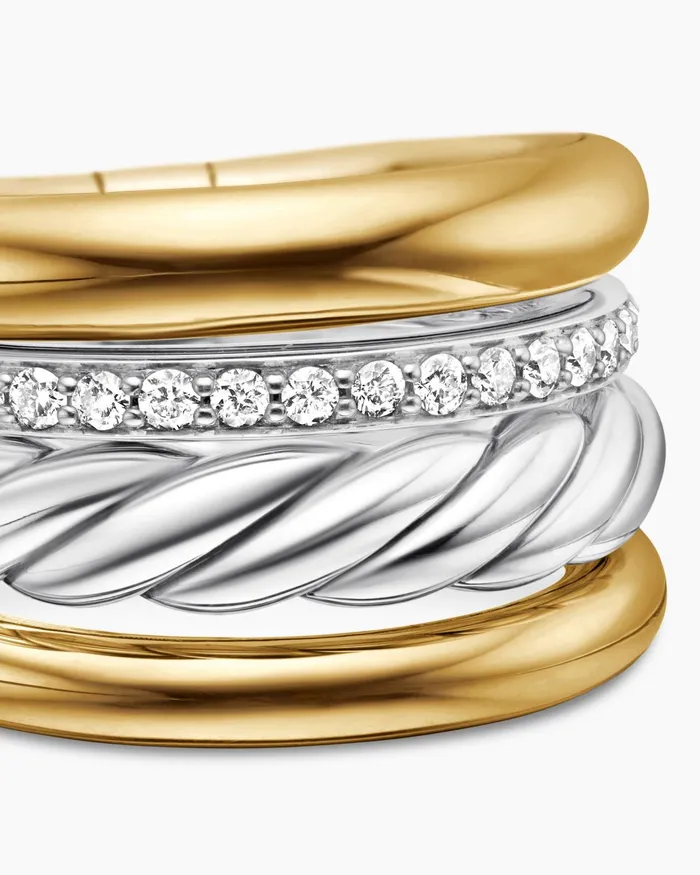 DY Mercer Multi Row Ring In Sterling Silver With 18K Yellow Gold And Diamonds 14mm Women David Yurman Statement DY Mercer Multi Row Ring In Sterling Silver With 18K Yellow Gold And Diamonds 14mm Women David Yurman Statement