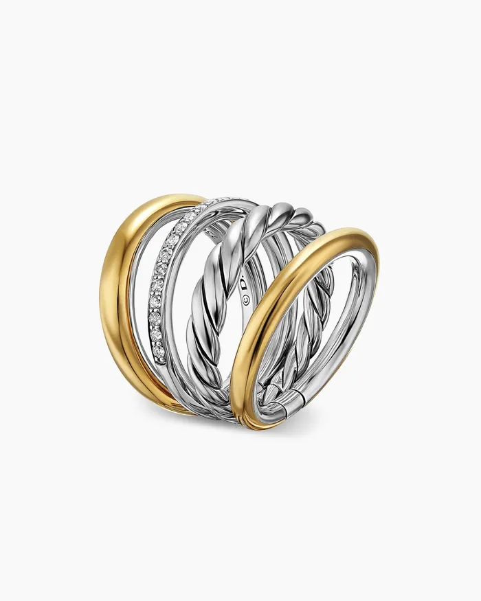 DY Mercer Multi Row Ring In Sterling Silver With 18K Yellow Gold And Diamonds 14mm Women David Yurman Statement DY Mercer Multi Row Ring In Sterling Silver With 18K Yellow Gold And Diamonds 14mm Women David Yurman Statement