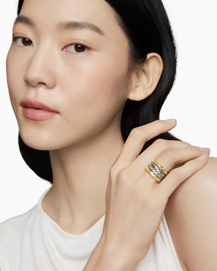 DY Mercer Multi Row Ring In Sterling Silver With 18K Yellow Gold And Diamonds 14mm Women David Yurman Statement DY Mercer Multi Row Ring In Sterling Silver With 18K Yellow Gold And Diamonds 14mm Women David Yurman Statement