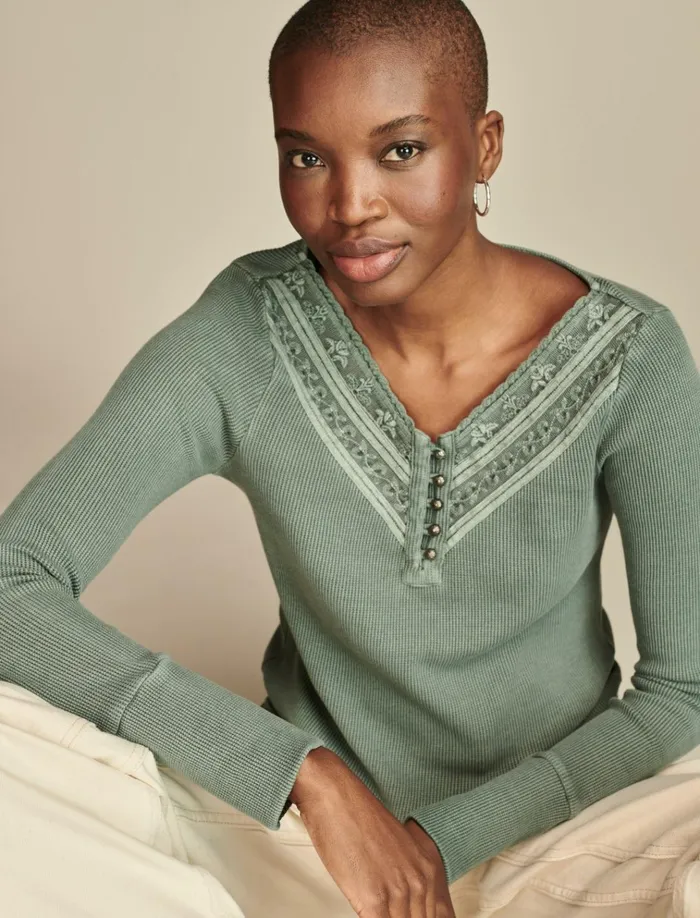 Embroidered Mesh Yoke Henley Balsam Green Women Lucky Brand Knit Tops