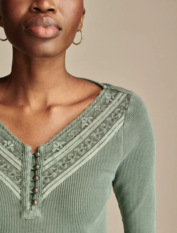 Embroidered Mesh Yoke Henley Balsam Green Women Lucky Brand Knit Tops