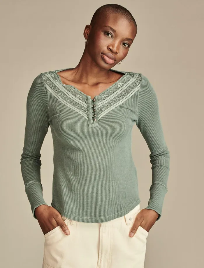 Embroidered Mesh Yoke Henley Balsam Green Women Lucky Brand Knit Tops