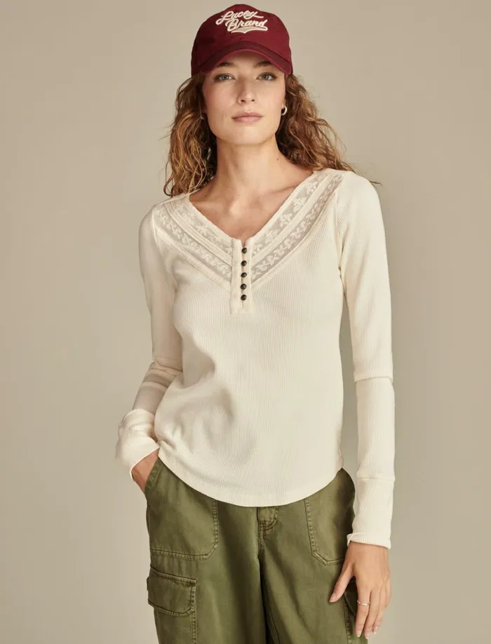 Embroidered Mesh Yoke Henley Whisper White Women Lucky Brand Knit Tops