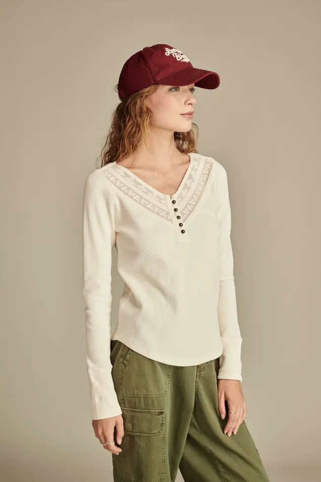 Embroidered Mesh Yoke Henley Whisper White Women Lucky Brand Knit Tops
