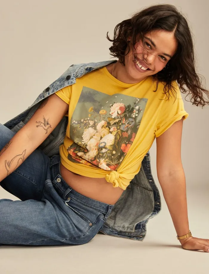 Floral Still Life Boyfriend Tee Spicy Mustard Women Lucky Brand Graphic Tees