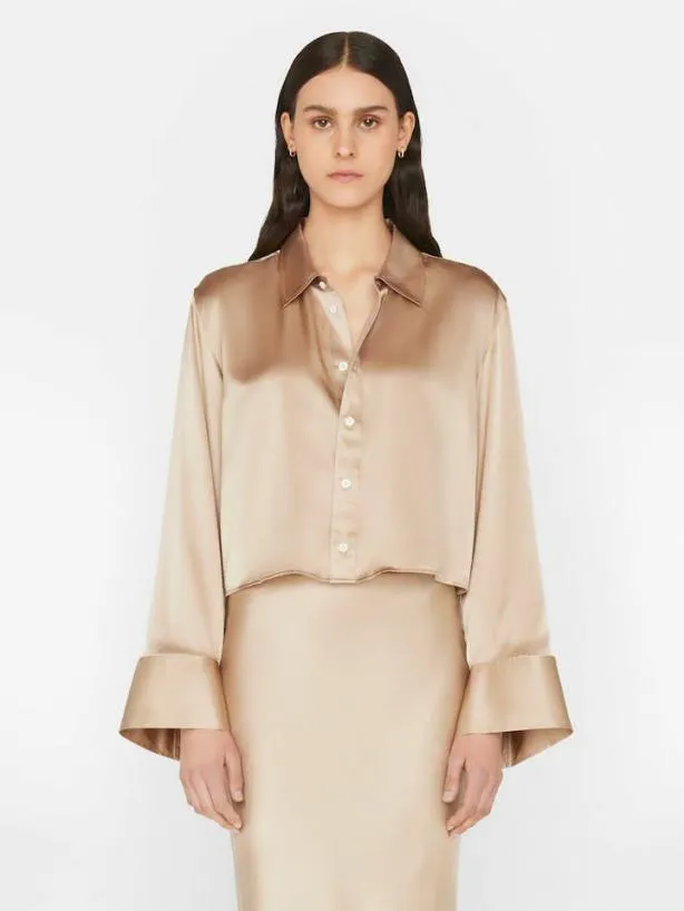 Frame Cropped Wide Sleeve Shirt In Khaki Tan Khaki Tan Women Tops and Blouses
