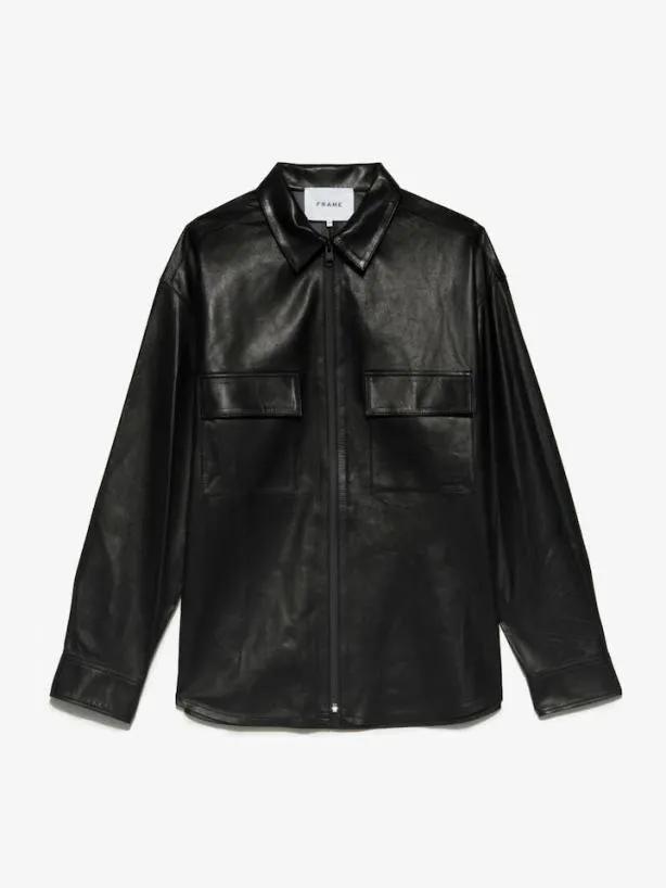 Frame Long Sleeve Leather Shirt In Noir Noir Men Shirts