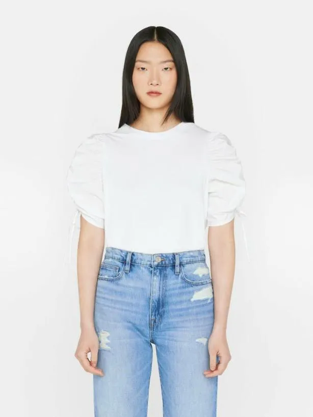 Frame Ruched Tie Sleeve Tee In Blanc Blanc Women Tops and Blouses