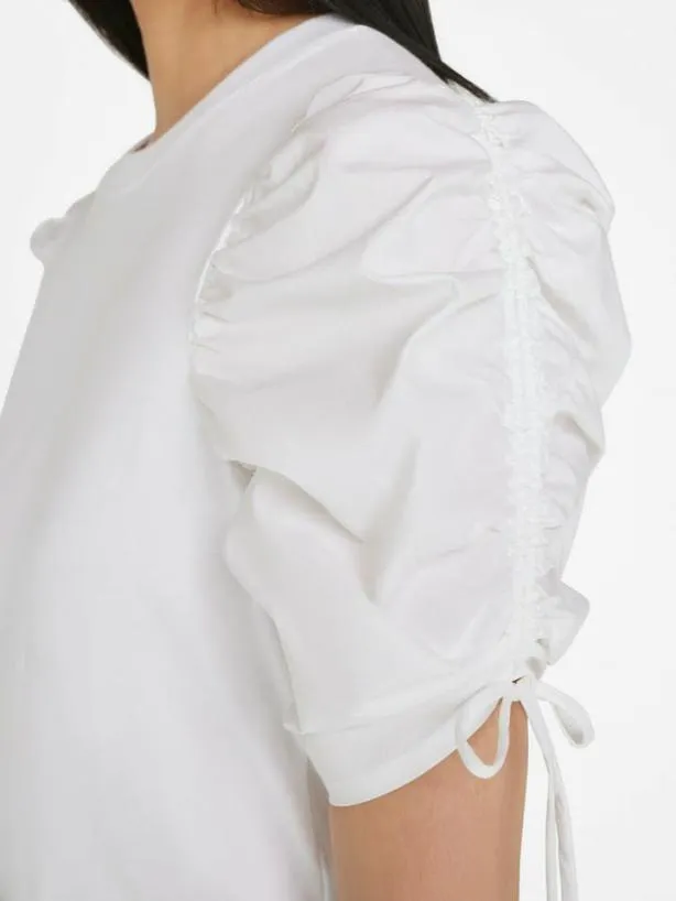 Frame Ruched Tie Sleeve Tee In Blanc Blanc Women Tops and Blouses Frame Ruched Tie Sleeve Tee In Blanc Blanc Women Tops and Blouses