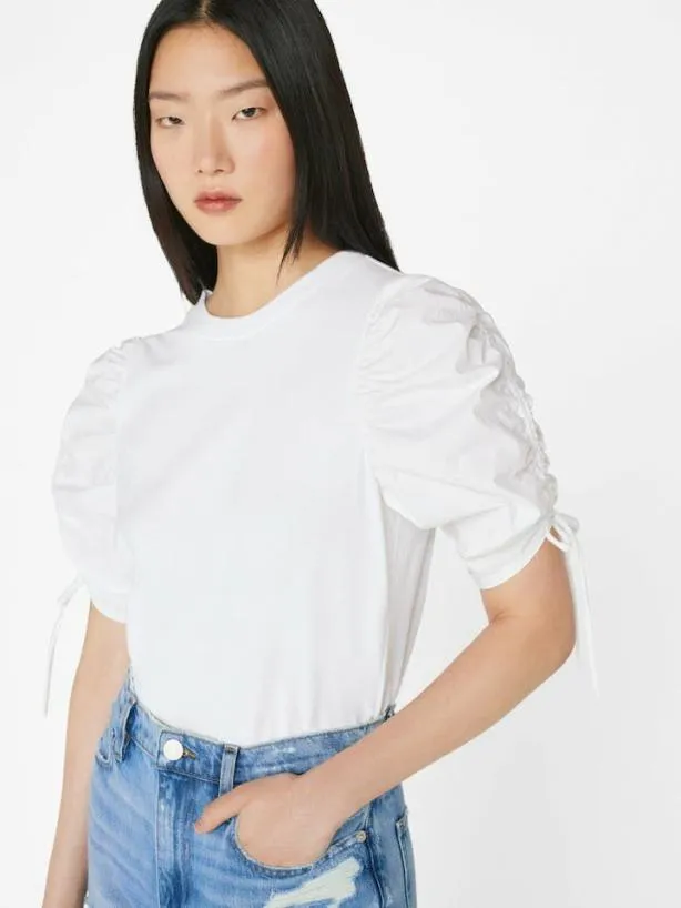 Frame Ruched Tie Sleeve Tee In Blanc Blanc Women Tops and Blouses Frame Ruched Tie Sleeve Tee In Blanc Blanc Women Tops and Blouses