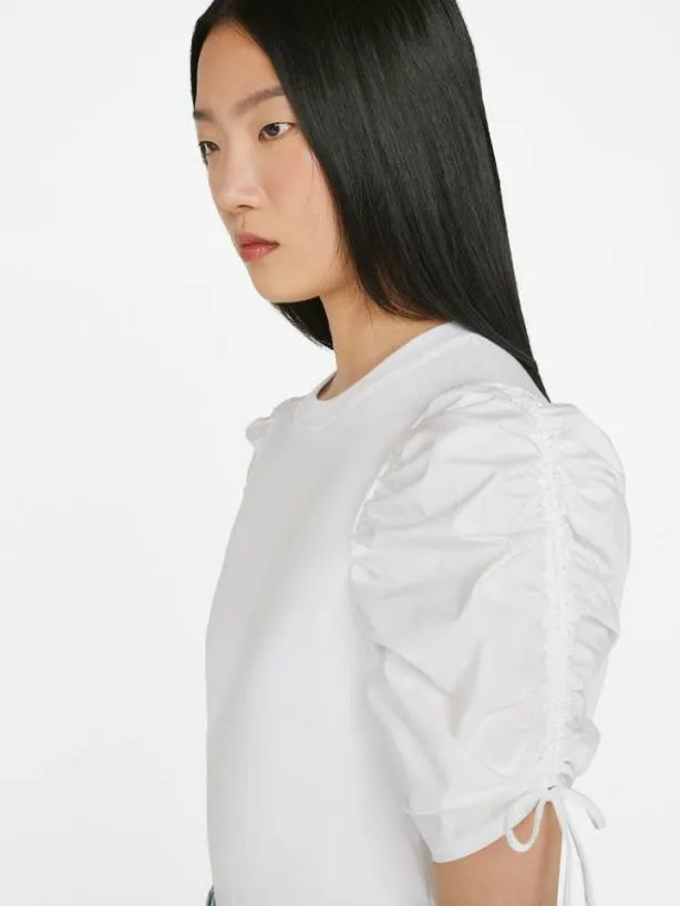 Frame Ruched Tie Sleeve Tee In Blanc Blanc Women Tops and Blouses Frame Ruched Tie Sleeve Tee In Blanc Blanc Women Tops and Blouses