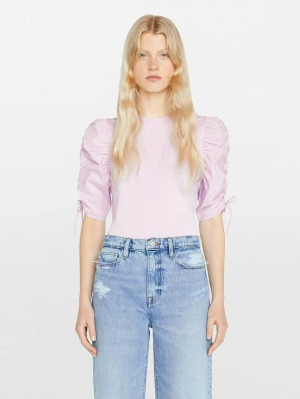 Frame Ruched Tie Sleeve Tee In Lilac Lilac Women Tanks and Tees