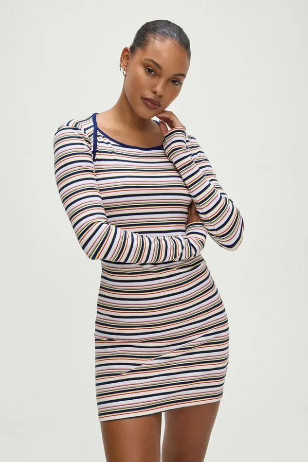 Frankies Bikinis Chelsea Long Sleeve Mini Dress Love Stripe Women Dresses