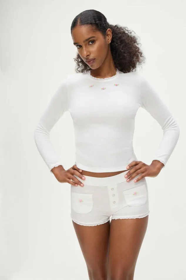 Frankies Bikinis Eve Waffle Long Sleeve Shirt White Women Matching Sets