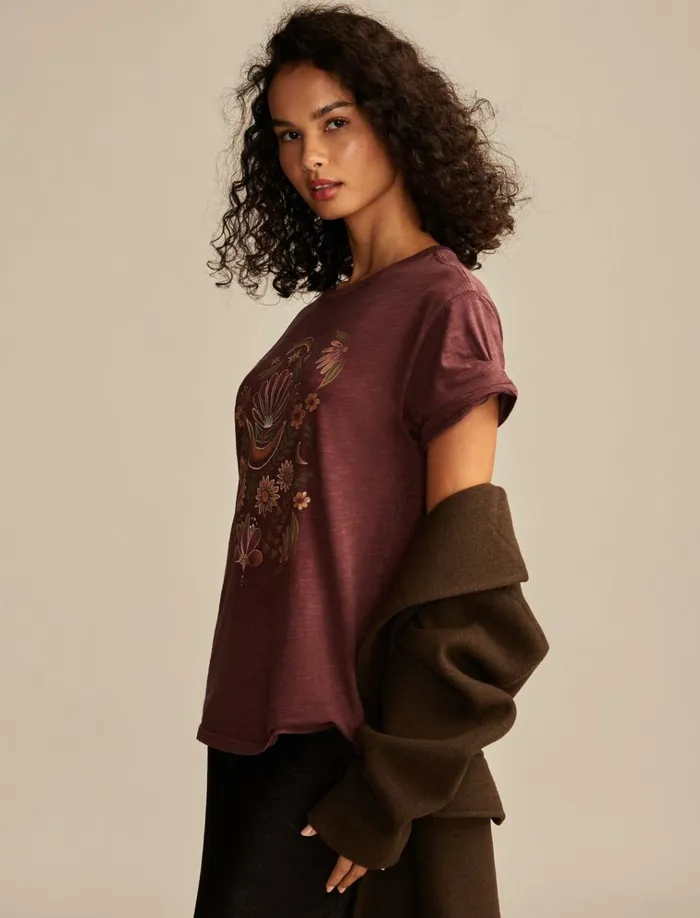 Geometric Mirror Floral Boyfriend Tee Decadent Chocolate Women Lucky Brand Graphic Tees