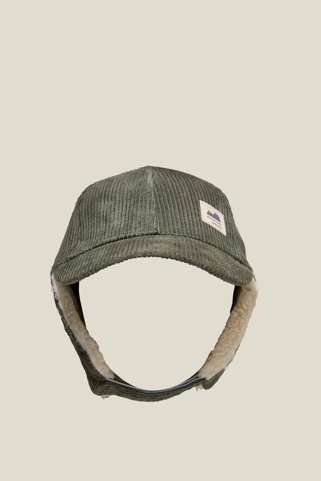 GirlsBoys Hats and Beanies Cotton On Tommy Trapper Cap Swag Green Cord
