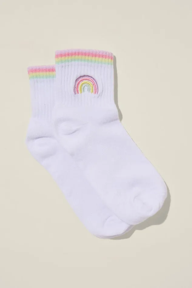 GirlsBoys Socks and Tights Cotton On Single Pack Mid Crew Sock Whiterainbow Embroidery