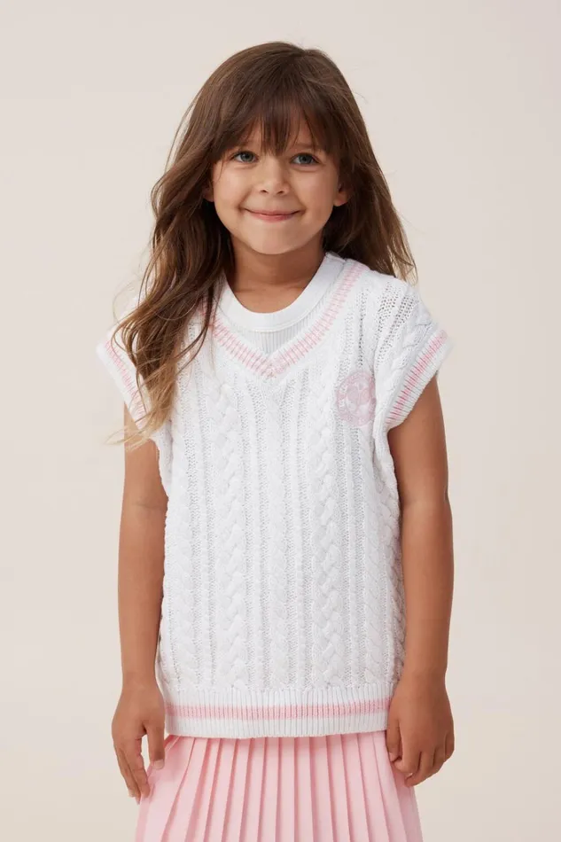 Girls Jackets and Sweaters Cotton On Selena Tennis Vest Whiteblush Pink