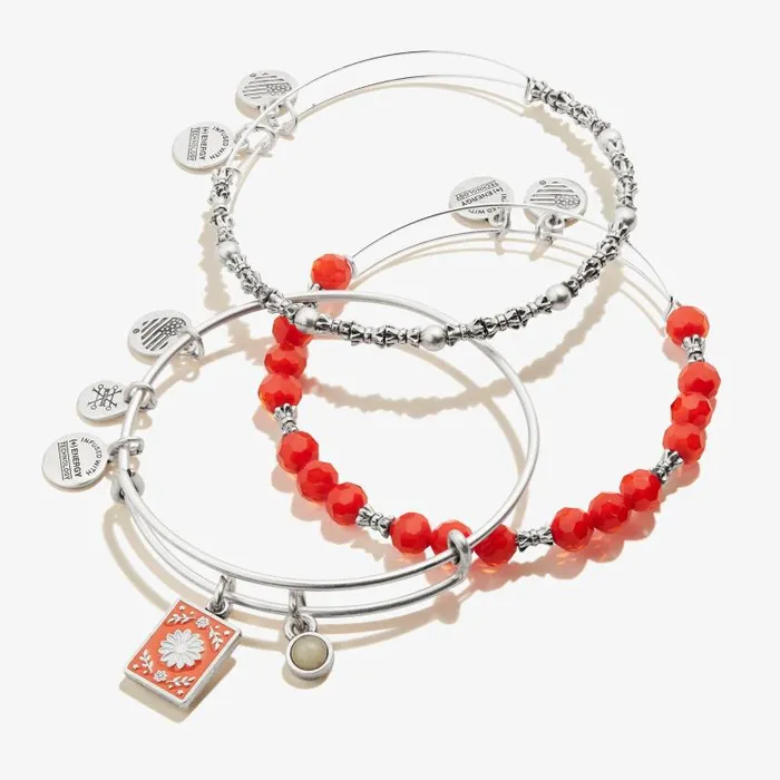 Iconic Women Alex And Ani Daisy Pineapple Jasper Duo Charm Bangle Set Of 3 Rafaelian Silver