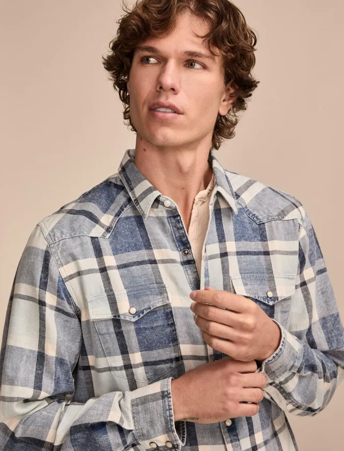 Indigo Twill Long Sleeve Masa Western Shirt Indigo Plaid Men Lucky Brand ButtonDowns