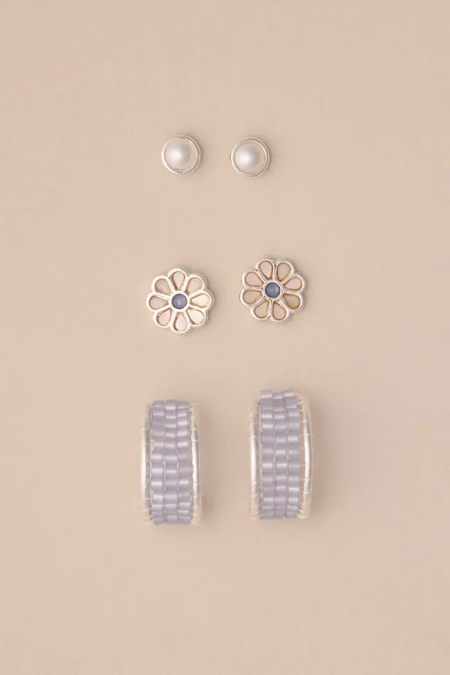 Inlay Daisy Stone Earring Trio Silver Women Lucky Brand Jewelry