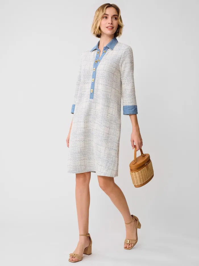 JMclaughlin Bryony Dress In Plaid Jacquard Off Whitelight Blue Women Dresses