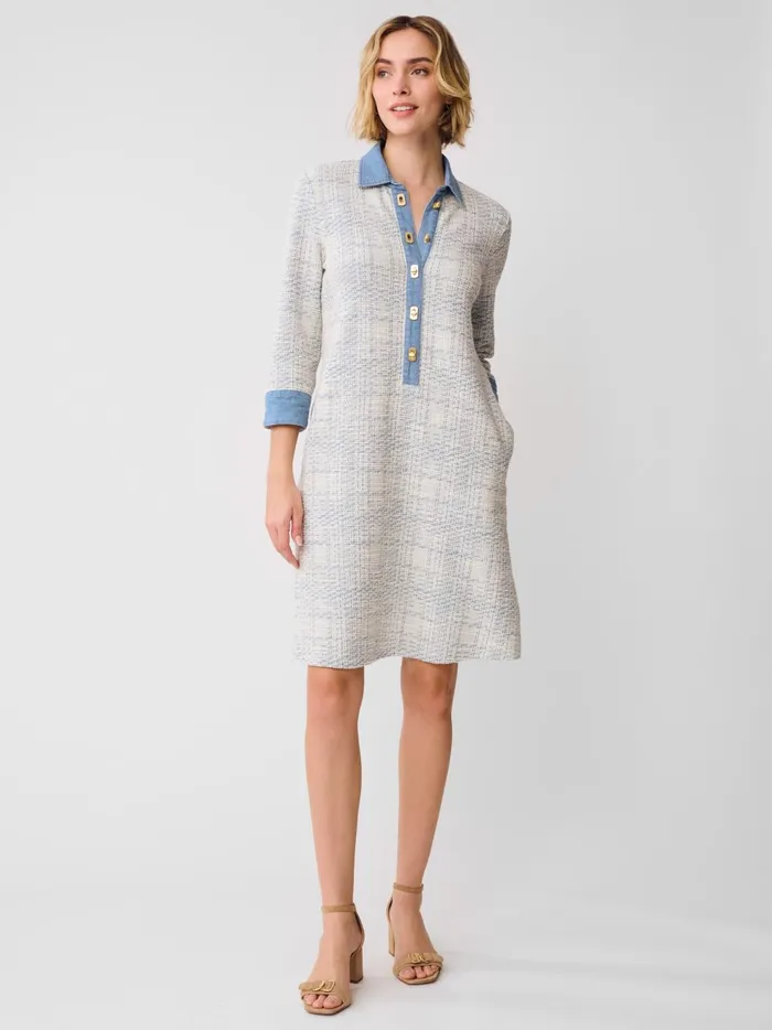 JMclaughlin Bryony Dress In Plaid Jacquard Off Whitelight Blue Women Dresses JMclaughlin Bryony Dress In Plaid Jacquard Off Whitelight Blue Women Dresses