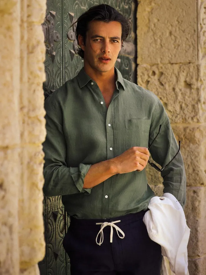JMclaughlin Gramercy Classic Fit Linen Shirt Olive Green Men Shirts