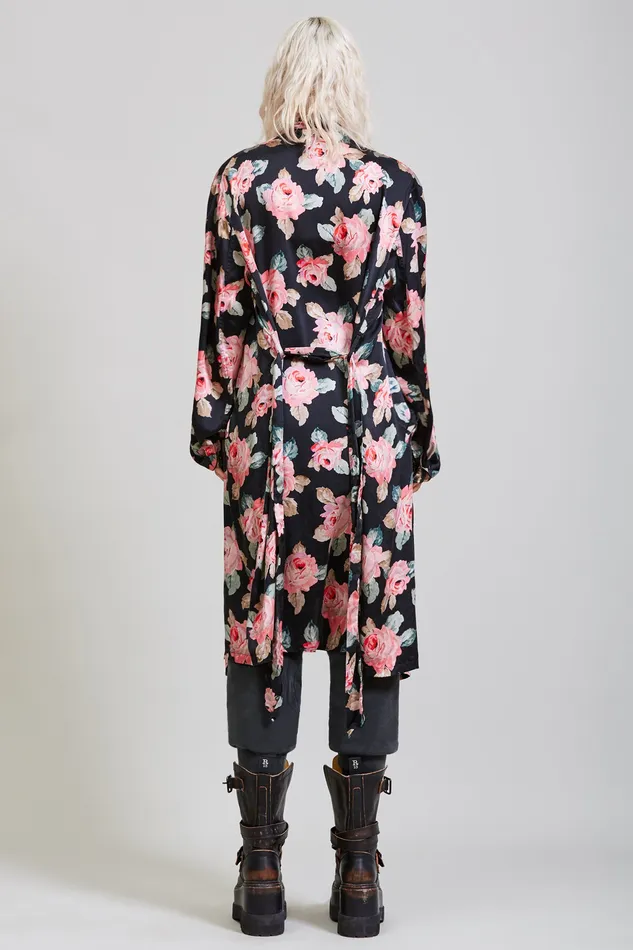 Jackets and Coats Women Smoking Robe With Piping 8211 Black Floral R13