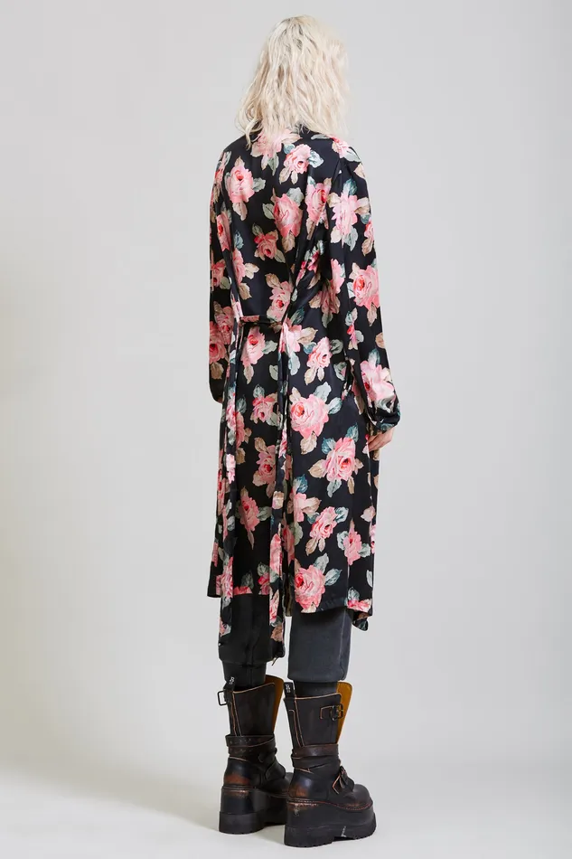 Jackets and Coats Women Smoking Robe With Piping 8211 Black Floral R13