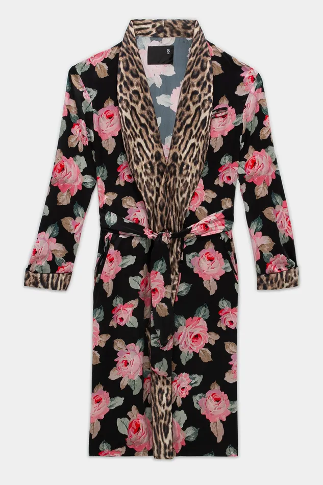 Jackets and Coats Women Smoking Robe With Piping 8211 Black Floral R13