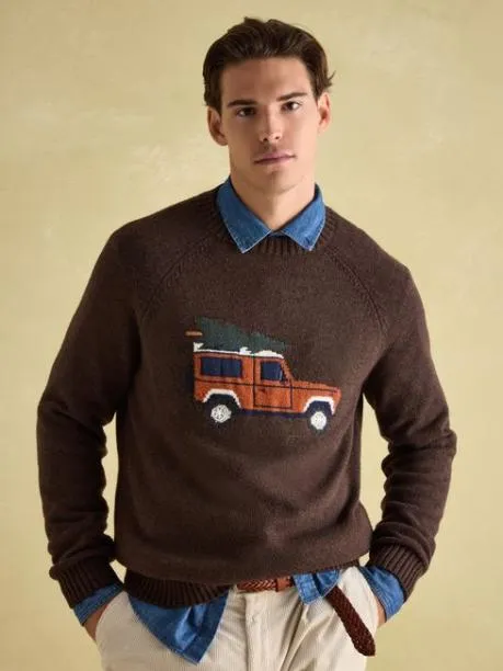 Jumpers and Knitwear Men Joules Brown Intarsia Crew Neck Jumper