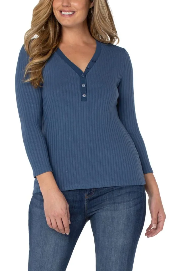 KNIT TOPS Women Liverpool Los Angeles 34 SLEEVE RIB KNIT HENLEY TOP Chambray Blue