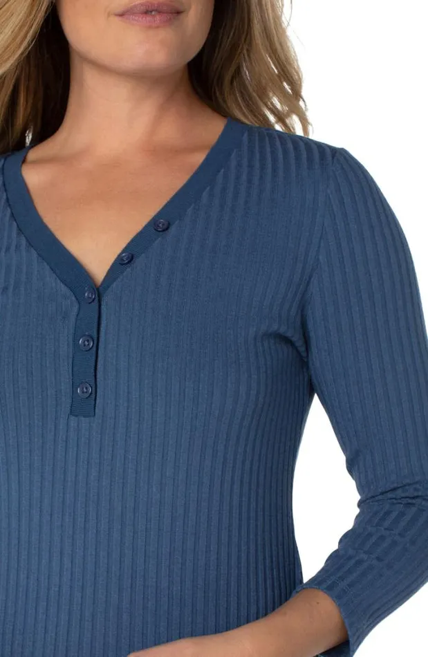 KNIT TOPS Women Liverpool Los Angeles 34 SLEEVE RIB KNIT HENLEY TOP Chambray Blue