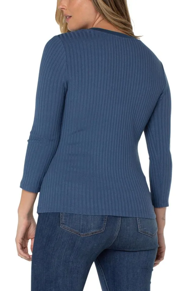 KNIT TOPS Women Liverpool Los Angeles 34 SLEEVE RIB KNIT HENLEY TOP Chambray Blue