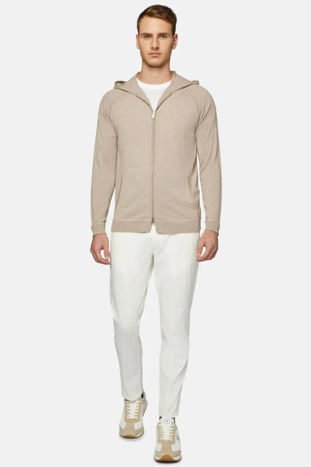 Knitwear Men Boggi Milano Beige Full Zip Hooded Jumper In Merino Wool Beige