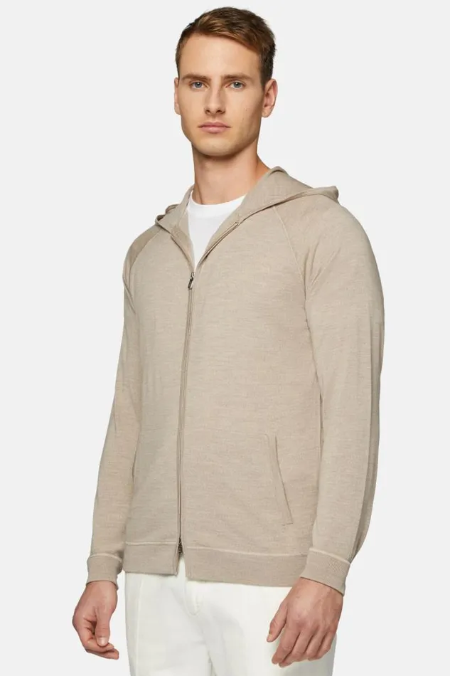 Knitwear Men Boggi Milano Beige Full Zip Hooded Jumper In Merino Wool Beige Knitwear Men Boggi Milano Beige Full Zip Hooded Jumper In Merino Wool Beige