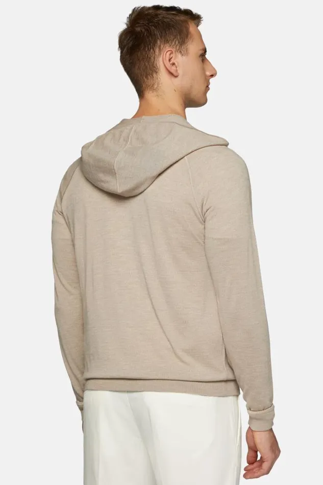 Knitwear Men Boggi Milano Beige Full Zip Hooded Jumper In Merino Wool Beige Knitwear Men Boggi Milano Beige Full Zip Hooded Jumper In Merino Wool Beige