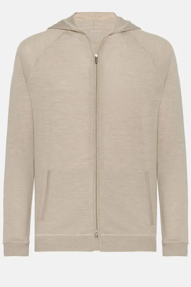 Knitwear Men Boggi Milano Beige Full Zip Hooded Jumper In Merino Wool Beige Knitwear Men Boggi Milano Beige Full Zip Hooded Jumper In Merino Wool Beige